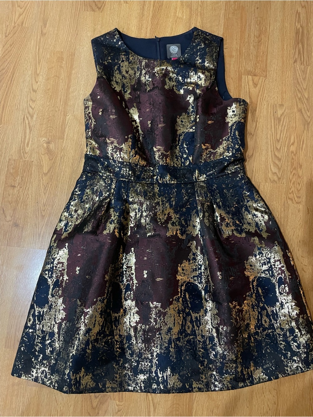 Vince Camuto Black, Gold & Burgundy Metallic Midi Dress